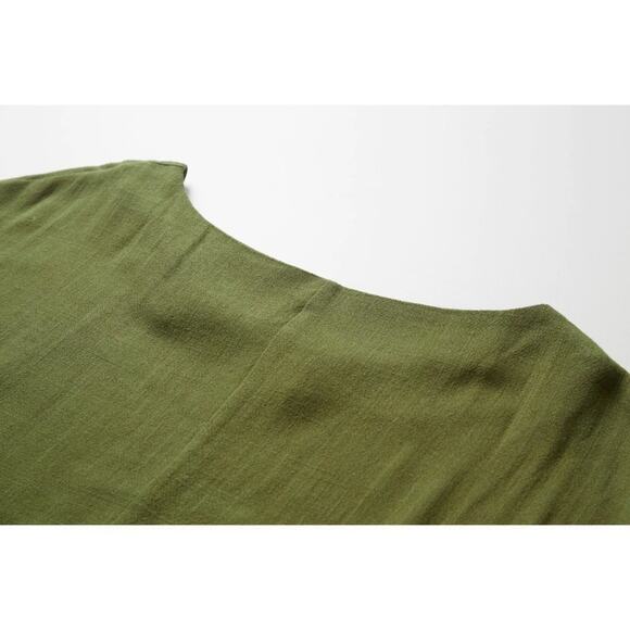 NEW Linen Soft Cotton Kaftan Short Sleeve Loose Casual Maxi Dress M Army Green - Picture 11 of 12